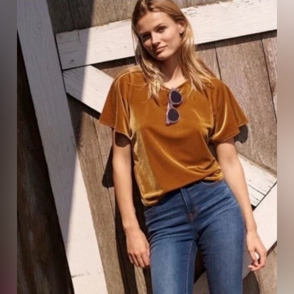 Madewell Velour Buttercup Yellow Relaxed Everyday Casual Top Flutter Sleeve Med